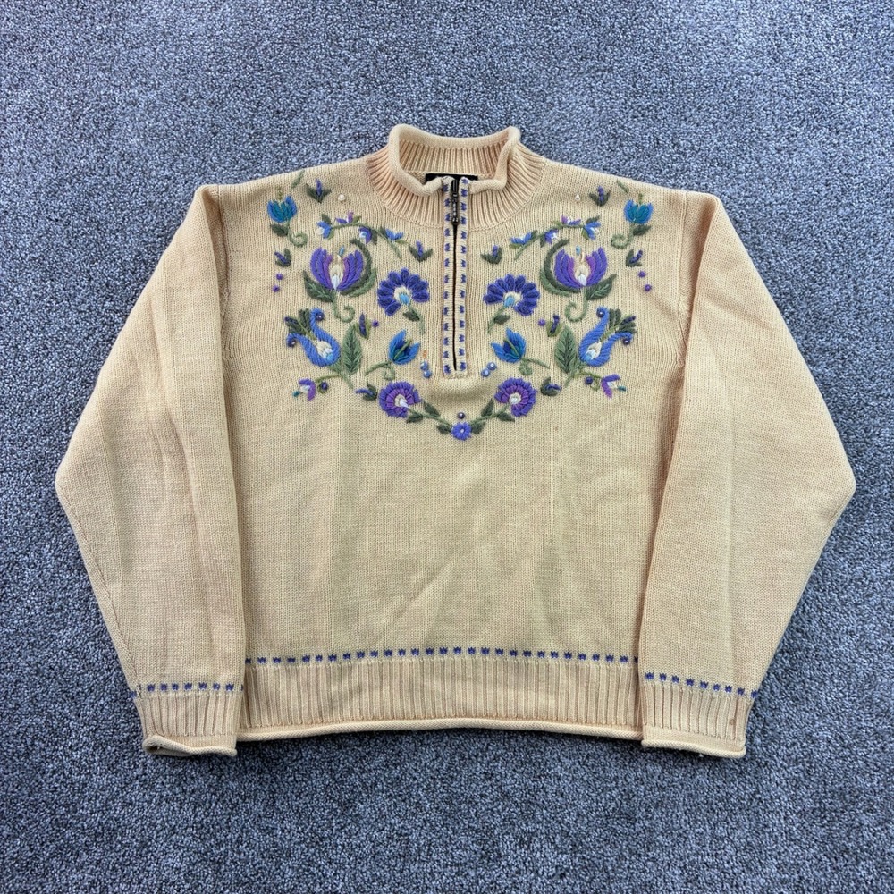 Icelandic Design Sweater Women's L Yellow Merino Wool Floral Embroidered 1/4 Zip
